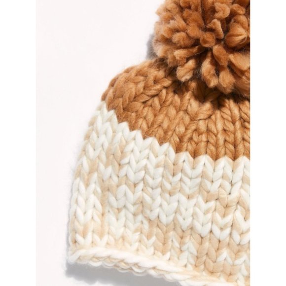 FREE PEOPLE Cozy Up Color Block Pom Beanie Oat Camel Chunky Knit Warm Fuzzy Boho - Picture 8 of 10